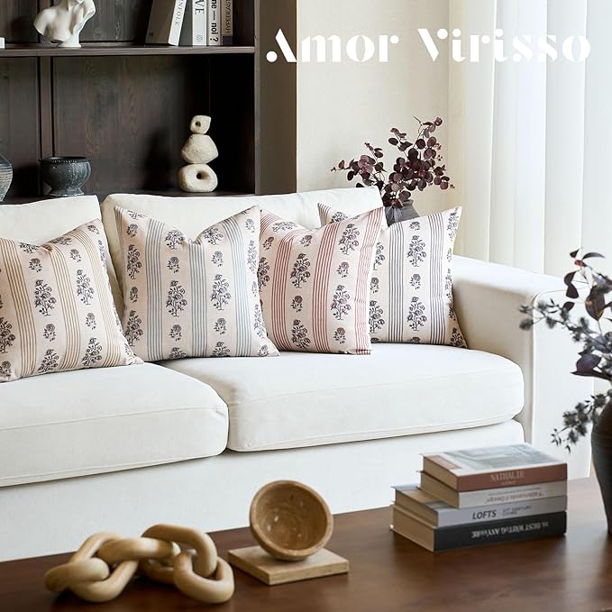 Amor Virisso Floral Throw Pillow Covers 20x20 Set of 2 Block Print Pillow Covers Neutral Floral Striped Farmhouse Decorative Pillow Covers for Sofa Couch Bed, Light Taupe