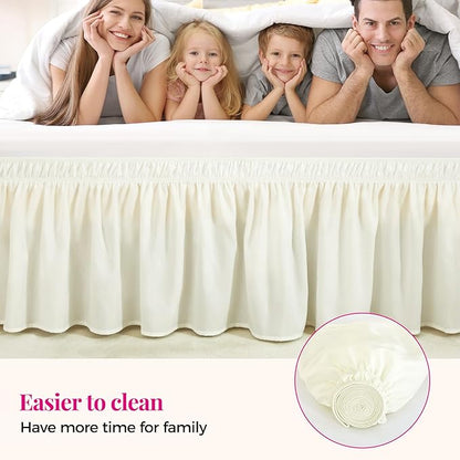 RIMELA Queen Bed Skirt 14 Inch Drop Cream, Wrap Around Elastic Bed Skirts Queen Size Dust Ruffle, Bedskirt for Adjustable Bed Base Solid Silky Fabric Machine Washable Easy to Install