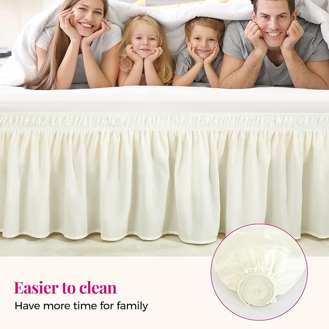 RIMELA Cream King Size Bed Skirt 15 Inch Drop, Elastic Bed Skirts Cal King Dust Ruffle, Bedskirt for Adjustable Bed Base Solid Fade Resistant Silky Fabric Machine Washable Easy to Install