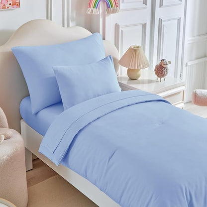 Toddler Bedding Set - 5 Piece Soft and Breathable Toddler Bed Set for Boys and Girls, Includes Quilted Comforter, Fitted Sheet, Flat Top Sheet, Standard Pillowcase and Toddler Pillowcase, Light Blue