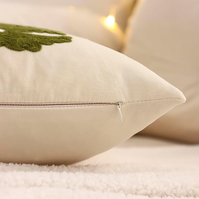 LUOYEHK Christmas Pillow Covers 18x18 Set of 2 Christmas Tree with Snowflakes Decorative Beige Pillow Cases Winter Holiday Velvet Embroidered Cushion Covers for Couch Sofa Bed