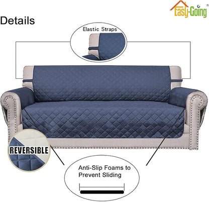 Easy-Going 4 Seater Sofa Slipcover Reversible Sofa Cover Water Resistant Couch Cover with Foam Sticks Elastic Straps Furniture Protector for Pets Children Dog Cat (XX-Large, Dark Blue/Ivory)