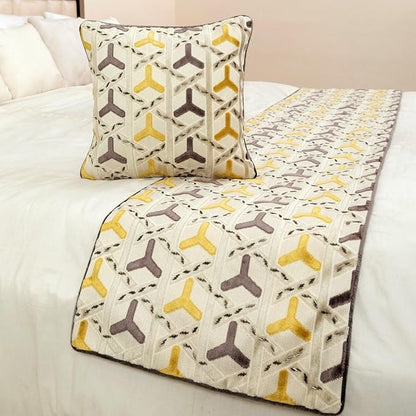 The HomeCentric King/Queen/Twin Grey & Yellow Designer Twin 53"x18" Bed Runner with 2 Pillow Cover, Beaded Bed Scarf on Velvet Fabric - Tripod