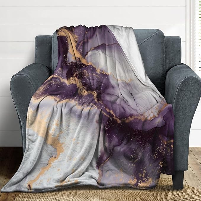 Modern Marble Blanket, Abstract Luxury Baroque Golden Purple White Stone Veins Pattern Soft Warm Cozy Plush Flannel Covers for Livingroom Bedroom Couch Chair Camping Travel Home Decor Tapestry 40x50in