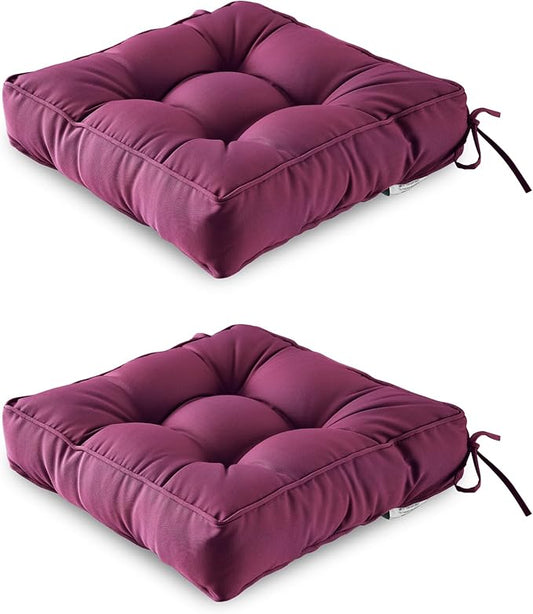 ARTPLAN Outdoor Seat Cushion,Square Thick Tufted Pure Chair Cushion for Patio Wicker Chair with Tie,Set of 2,19"x19"x5"，Plum