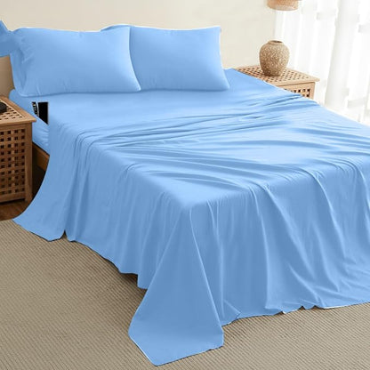 DREAMCARE Full Size Sheets - Cooling Bed Sheets - 4pcs Set - up to 15" Deep Pocket Full Sheet Set - Sheets Full Size Bed - Soft & Long Lasting 100% Fine Brushed Polyester with Side Pocket - LightBlue