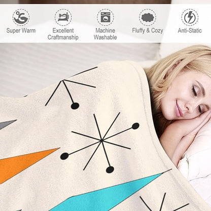 Mid Century Flannel Throw Blankets, Mid Century Modern Geometric Atomic Shapes Orange Retro Style Boho Print Blanket for Bed Couch Sofa Fuzzy Tv Throws 60"x80"