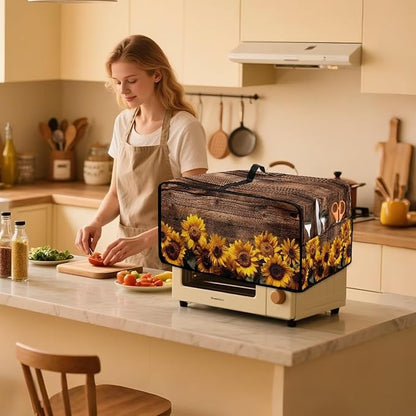 Microwave Oven Cover Vintage Sunflower Wood Grain Print Waterproof Toaster Oven Dustproof Cover Large Size Kitchen Appliance Protector with Storage Bag Machine Washable, S