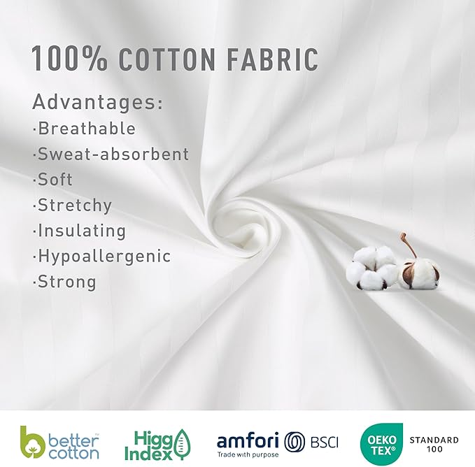 Sunflower Queen Fitted Sheet, 1-Piece Extra Deep Pocket Fitted Bottom Sheet 22", 100% Cotton Jacquard Damask Sheets Sateen Weave Soft Breathable, White Striped