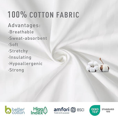 Sunflower Queen Fitted Sheet, 1-Piece Extra Deep Pocket Fitted Bottom Sheet 22", 100% Cotton Jacquard Damask Sheets Sateen Weave Soft Breathable, White Striped
