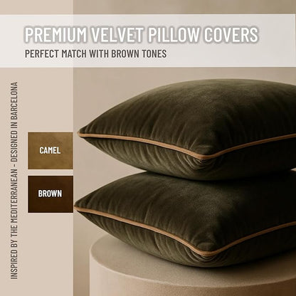 2 Pack Velvet Decorative Throw Pillow Covers, 18"x18", Green and Camel, Solid, Modern, Contrast Piping, Indoor Use, Bedroom & Living Room