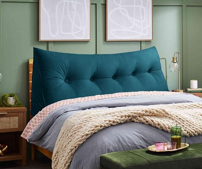 Triangular Reading Bed Rest Pillow Large Bolster Cushion Headboard Backrest Wedge Pillow with Removable Cover and Two Large Side Pockets (Teal, King: 78 x 8 x 20 inches)