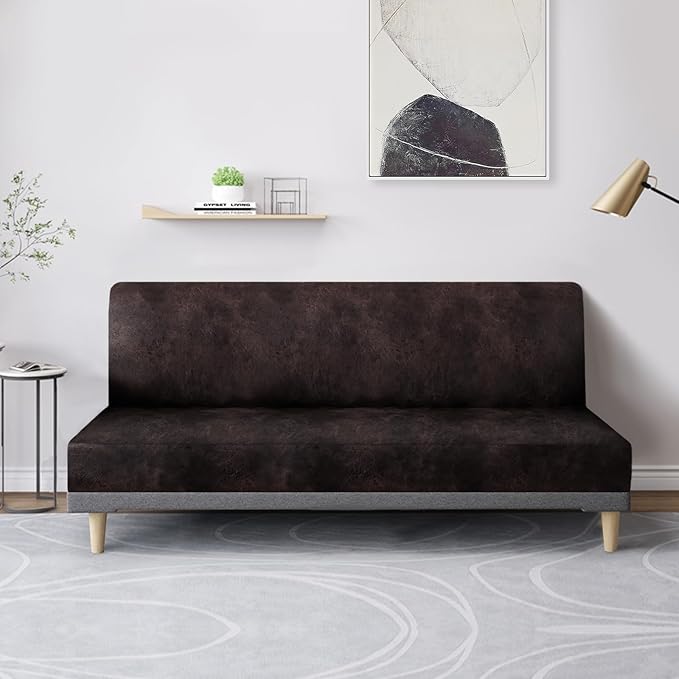 molasofa Leather Like Stretch Futon Slipcover Armless Futon Bed Sofa Cover Furniture Protector with Elastic Bottom, Soft and Washable Futon Cover for Sofa Bed Stay in Place（Medium，Chocolate）