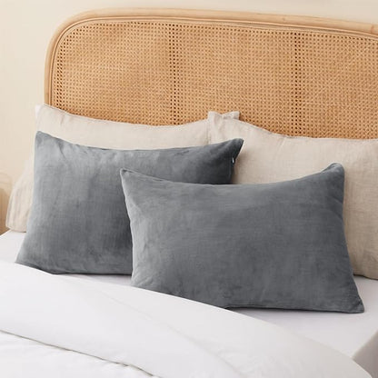 BEDELITE Flannel Pillow Cases Queen Size Set of 2, Super Soft Fleece Pillowcases with Zipper for Bedroom, Sofa, Couch,Luxury Cozy Fuzzy Velvet Pillow Shams for All Seasons(20x30 Inches,Gray)