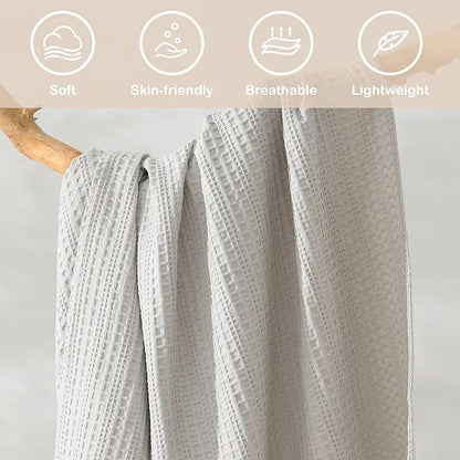 100% Cotton Waffle Queen Blanket with Fringe 90"x90", Pre-Washed Waffle Weave Blanket for All Season, Lightweight Breathable Soft Cozy Throw Blanket for Couch, Bed, Travel (Light Grey)