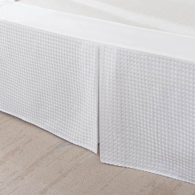 Queen Bed Skirt, Wrap Around Bed Skirt with Pleated Corner, 14 Inch Drop Pleated Waffle Weave Bedskirts, Anti-Slip, Microfiber, White, 14'' Queen