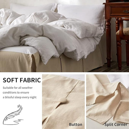 BISELINA French Linen Bed Skirt Split Corner with Button 18-Inch Tailored Drop Natural Flax Cotton Blend Basic Dust Ruffle Soft Cozy (18" Queen,Button Linen)