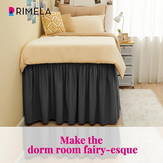 RIMELA Dorm Bed Skirt Twin XL 32 Inch Drop, Easy to Install Extra Long Wrap Around Elastic Dust Ruffle, Dark Grey Bedskirt Solid Silky Fabric Machine Washable (Twin XL 80“L x 39”W & Twin 75“L x 39”W)