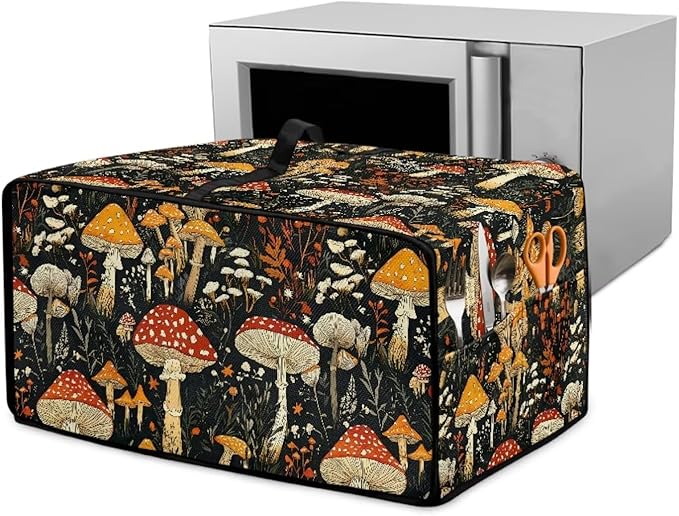 Dustproof Toaster Oven Cover Polyester-Linen Fabric Microwave Oven Dust Cover Foldable Kitchen Appliance Protector Dirt and Fingerprint Protection, Vintage Mushroom Plant Print, M