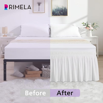 RIMELA White Bed Skirt Twin Size 15 Inch Drop, Elastic Bed Skirting for Bed Base and Frame, Bedding Dust Ruffle Easy to Install, Lightweight Wrap Around Adjustable Bedskirt
