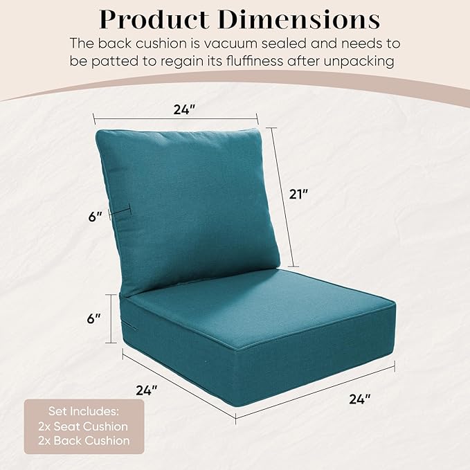 Luxury Outdoor Seat Cushion Set-24 x 24 x 6 Inch Outdoor Chair Cushions with Water Resistant & Removable Cover Outdoor Cushions for Patio Furniture Chair Sofa Couch