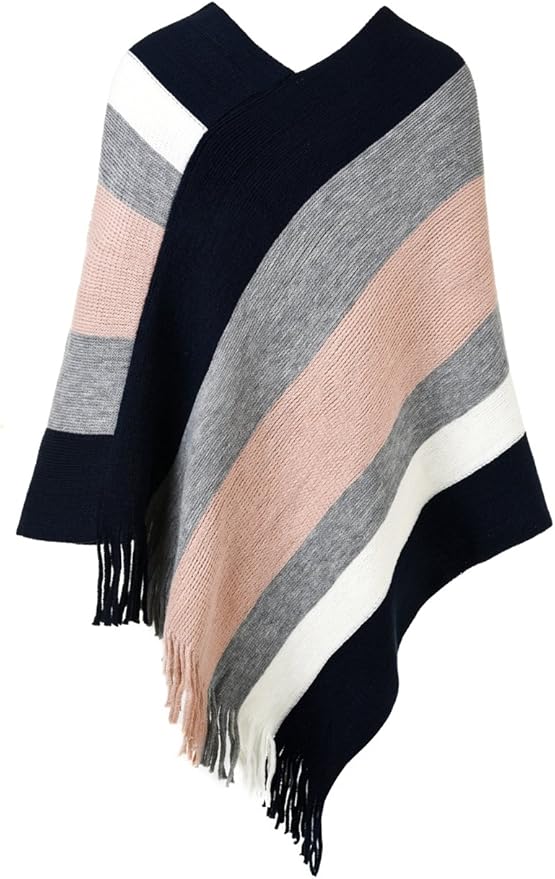 Ferand Women's Striped Poncho Sweater Cozy Knit Fringe Shawl Wraps for Fall Winter