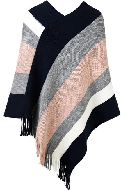 Ferand Women's Striped Poncho Sweater Cozy Knit Fringe Shawl Wraps for Fall Winter