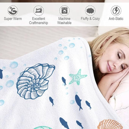 Nautical Coastal Blanket, Starfish Seashell Coral Beach Themed Drapes Ocean Orange Blue Teal Conch Print Throw Blankets for Sofa Couch Bed Room Birthday Decor, 40"x50"