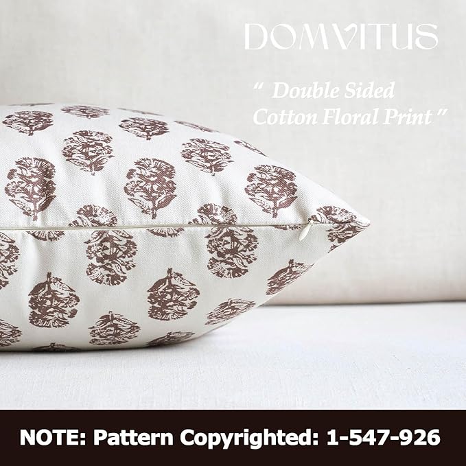 DOMVITUS Set of 2 Floral Pillow Covers 18x18, Block Print Pillow Covers Vintage Neutral Decorative Farmhouse Throw Pillow Covers for Couch Bed Living Room Brown