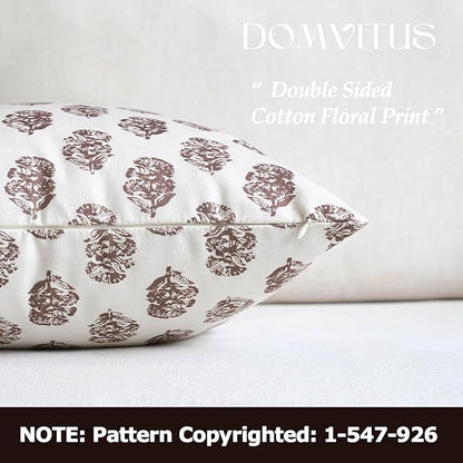 DOMVITUS Set of 2 Floral Pillow Covers 18x18, Block Print Pillow Covers Vintage Neutral Decorative Farmhouse Throw Pillow Covers for Couch Bed Living Room Brown