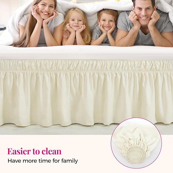RIMELA Ivory Bed Skirt King Size 15 Inch Drop, Elastic Bed Skirting for Bed Base and Frame, Bedding Dust Ruffle Easy to Install, Lightweight Wrap Around Adjustable Bedskirt