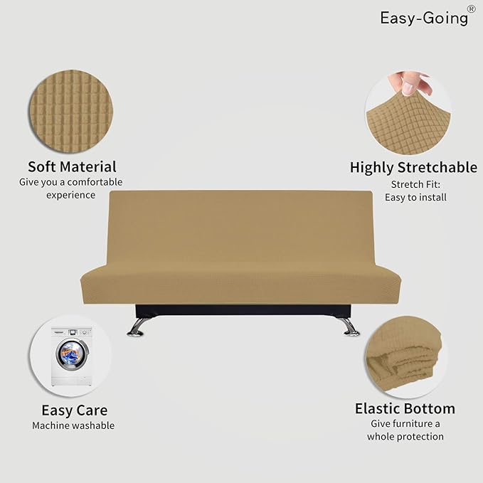 Easy-Going Stretch Futon Slipcover Armless Futon Bed Cover Furniture Protector Without Armrests with Elastic Bottom for Kids, Soft Jacquard Fabric Small Checks (Large, Golden)