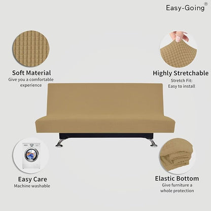 Easy-Going Stretch Futon Slipcover Armless Futon Bed Cover Furniture Protector Without Armrests with Elastic Bottom for Kids, Soft Jacquard Fabric Small Checks (Large, Golden)