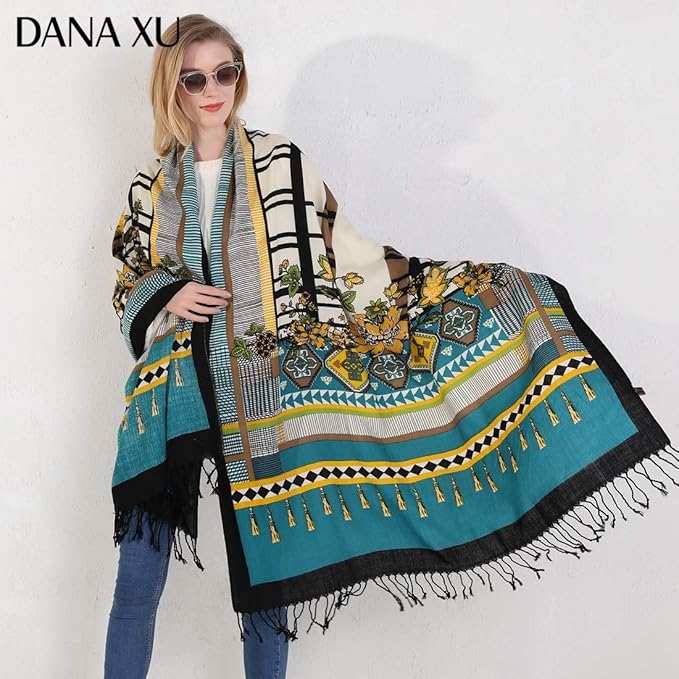 DANA XU 100% Merino Wool Pashmina Shawl for Women 96"x43", Oversized Cashmere Wrap with Tassels, Floral Travel Blanket Cape
