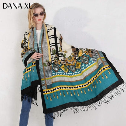 DANA XU 100% Merino Wool Pashmina Shawl for Women 96"x43", Oversized Cashmere Wrap with Tassels, Floral Travel Blanket Cape
