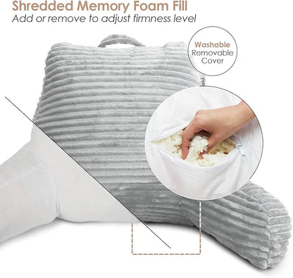 Hearth & Harbor Reading Pillow for Bed Adult – Back Pillow for Sitting in Bed, Standard Bed Pillows for Sitting Up in Bed, Foam Bed Chair Pillow, Light Grey Bed Rest Pillow