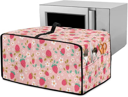 Pink Strawberry Cherry Blossom Print Microwave Oven Dust Cover Toaster Oven Cover Foldable Polyester-Linen Fabric Small Appliance Dust Covers Suitable for Most Microwave Ovens, M
