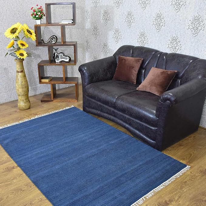 Rugsotic Carpets Hand Woven Flat Weave Kilim Wool ECO-Friendly Area Rugs - 5'x8', Rectangle Shape, Blue Color, Solid Plain Design, Low Pile Handmade Area Rugs for Living Room, Bed Room (D00111)