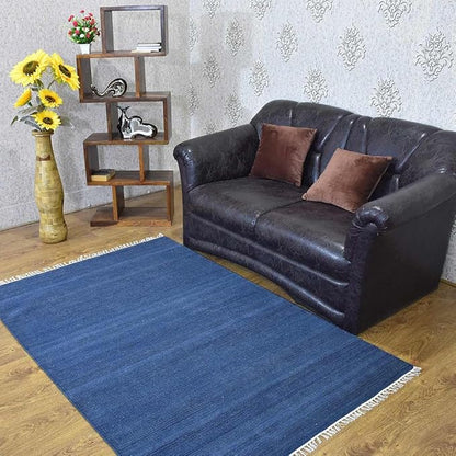 Rugsotic Carpets Hand Woven Flat Weave Kilim Wool ECO-Friendly Area Rugs - 7'x9', Rectangle Shape, Blue Color, Solid Plain Design, Low Pile Handmade Area Rugs for Living Room, Bed Room (D00111)