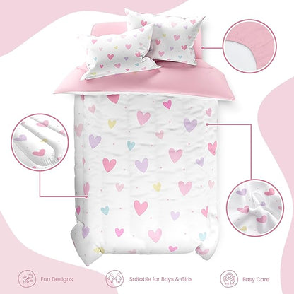 SANDJEST Heart Comforter Set Twin Size 68x86in for Kids Girls, Microfiber 3 Pcs Bedding Set Includes 1 Comforter, 1 Pillowcase, 1 Fitted Sheet, Nursery Room Decor