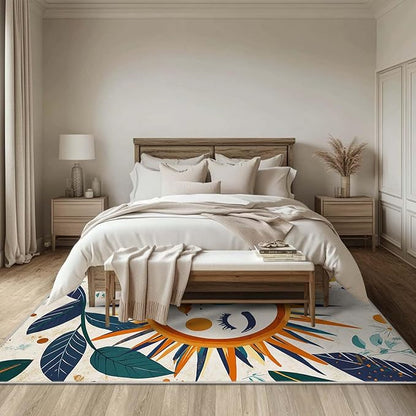 6x9 Sun and Moon Area Rug Leaf Orange Yellow Blue Beige Rug Non Slip Low Pile Large Carpet for Home Kitchen Living Room Bedroom Dining Room Office