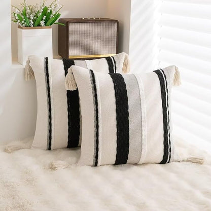 Boho Throw Pillow Covers 18x18 Set of 2 Woven Tufted Farmhouse Pillows Cover with Tassels Textured Stripe Cushion Case Neutral Pillow Cases Decorative Pillowcase for Couch,Black and White