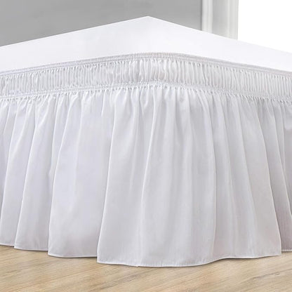 White Wrap Around Bed Skirts with 16" Drop - Three Sides Fabric Adjustable Elastic Dust Ruffle Silky Soft -600 TC Stretchy Bed Skirt-Short Queen(60"X 75") White