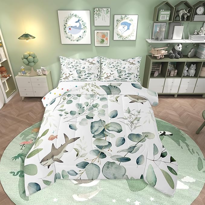 Erosebridal Girls Kawaii Animal Bedding Toddler Size Cute Shark Comforter Set, Cartoon Wildlife Duvet Insert Green Leaf Quilt Comforter, Spring Plant Bedding Comforters & Sets Child Kids Bedroom Decor