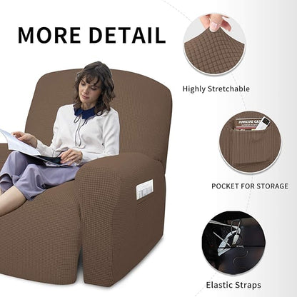 Easy-Going 4 Pieces Oversized Recliner Stretch Sofa Slipcover Sofa Cover Furniture Protector Couch Soft with Elastic Bottom Polyester Spandex Jacquard Fabric Small Checks Brown, X-Large