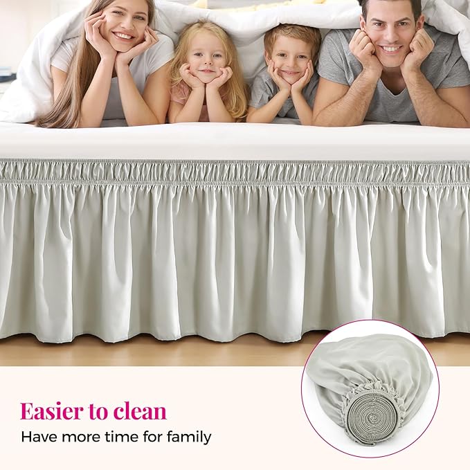 RIMELA Light Grey Bed Skirt King Size 18 Inch Drop, Wrap Around Elastic Bedskirt, Dust Ruffle for Adjustable Bed Base Machine Washable Easy to Install Bed Skirts