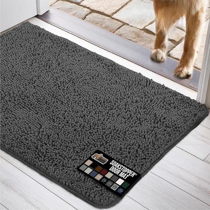 GORILLA GRIP SOAKSTOPPER Dog Door Mat, 36x24 Machine Washable Rug Absorbent Doormat Captures Moisture Mud Dirt, Quick Dry Soft Chenille Entryway Rugs Indoor Entrance Mats for Dog Paws, Charcoal