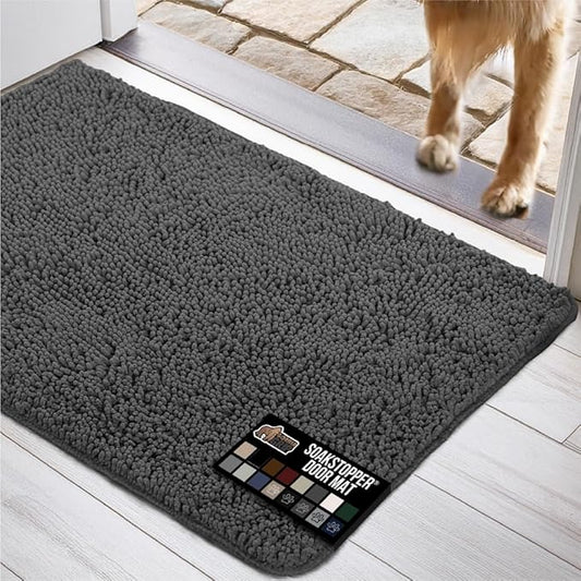 GORILLA GRIP SOAKSTOPPER Dog Door Mat, 36x24 Machine Washable Rug Absorbent Doormat Captures Moisture Mud Dirt, Quick Dry Soft Chenille Entryway Rugs Indoor Entrance Mats for Dog Paws, Charcoal