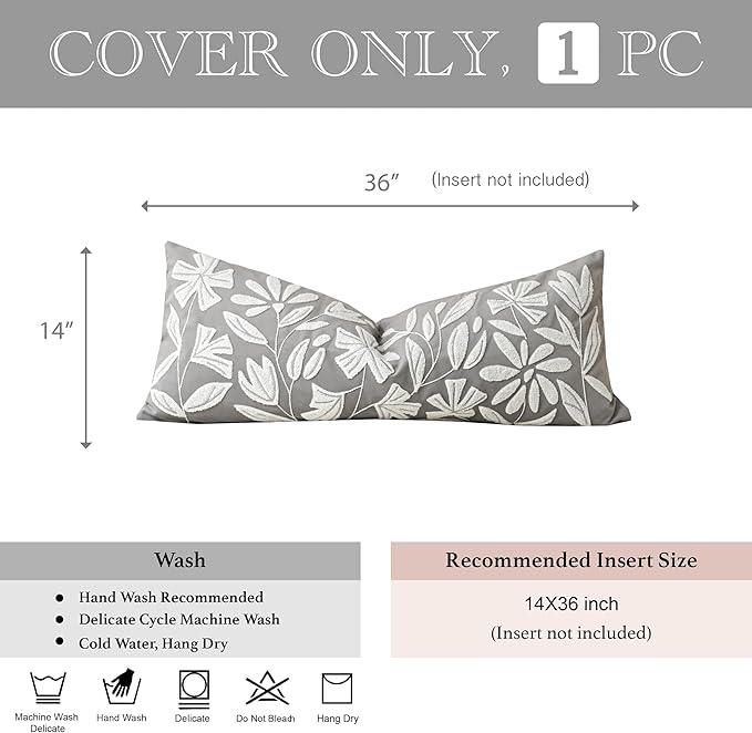 BlissBlush Grey Velvet Decorative Long Lumbar Pillow Cover 14x36, Light Gray Soft Body Pillow for Bed, Accent Lumbar Throw Pillow for Bedroom, Modern Farmhouse Textured Pillowcase