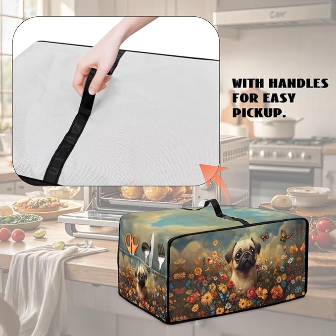 Cute Pug Dog Floral Butterfly Print Microwave Oven Dust Cover Dust Cover for Microwave Oven Universal Foldable Small Appliance Dust Covers Dirt and Fingerprint Protection, L